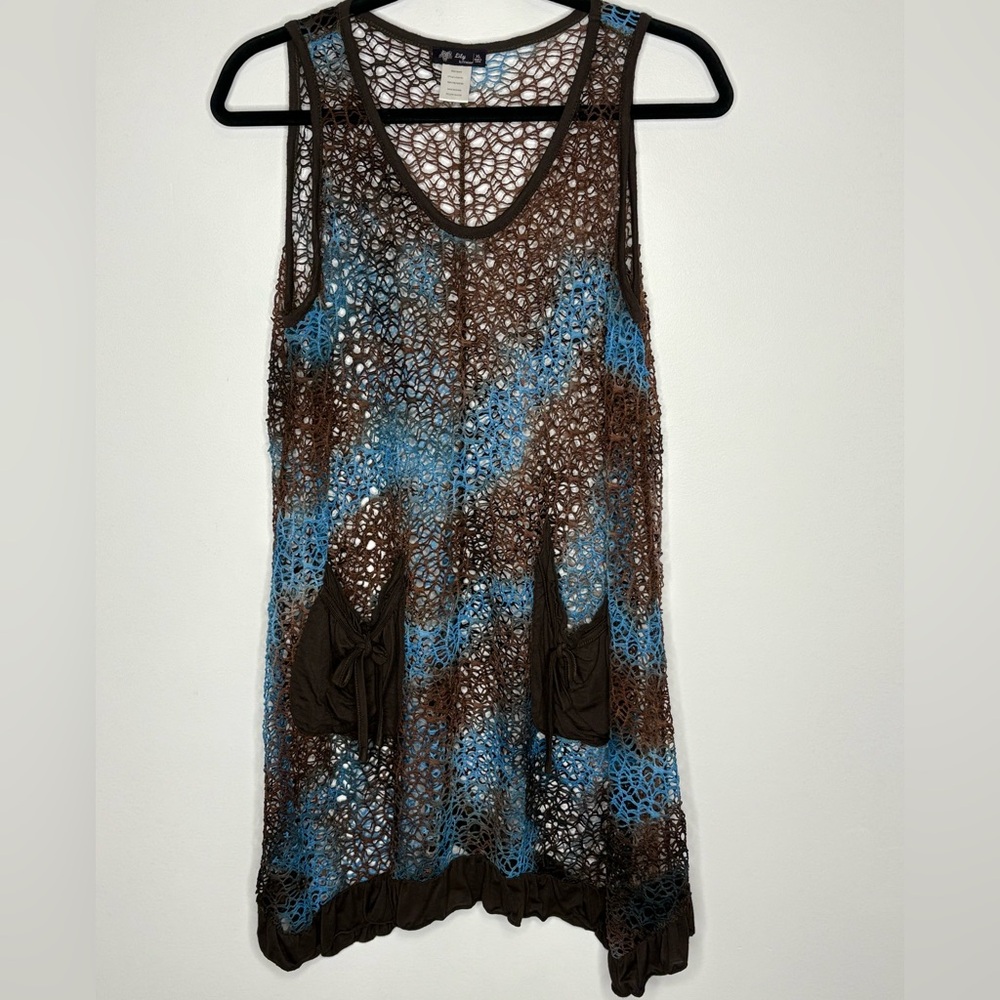 Lily Size XL Brown and Blue Crochet Look Tunic NWOT